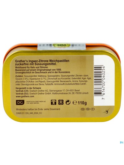 Grether's Suikervrij Pastilles Gember-citroen 110g